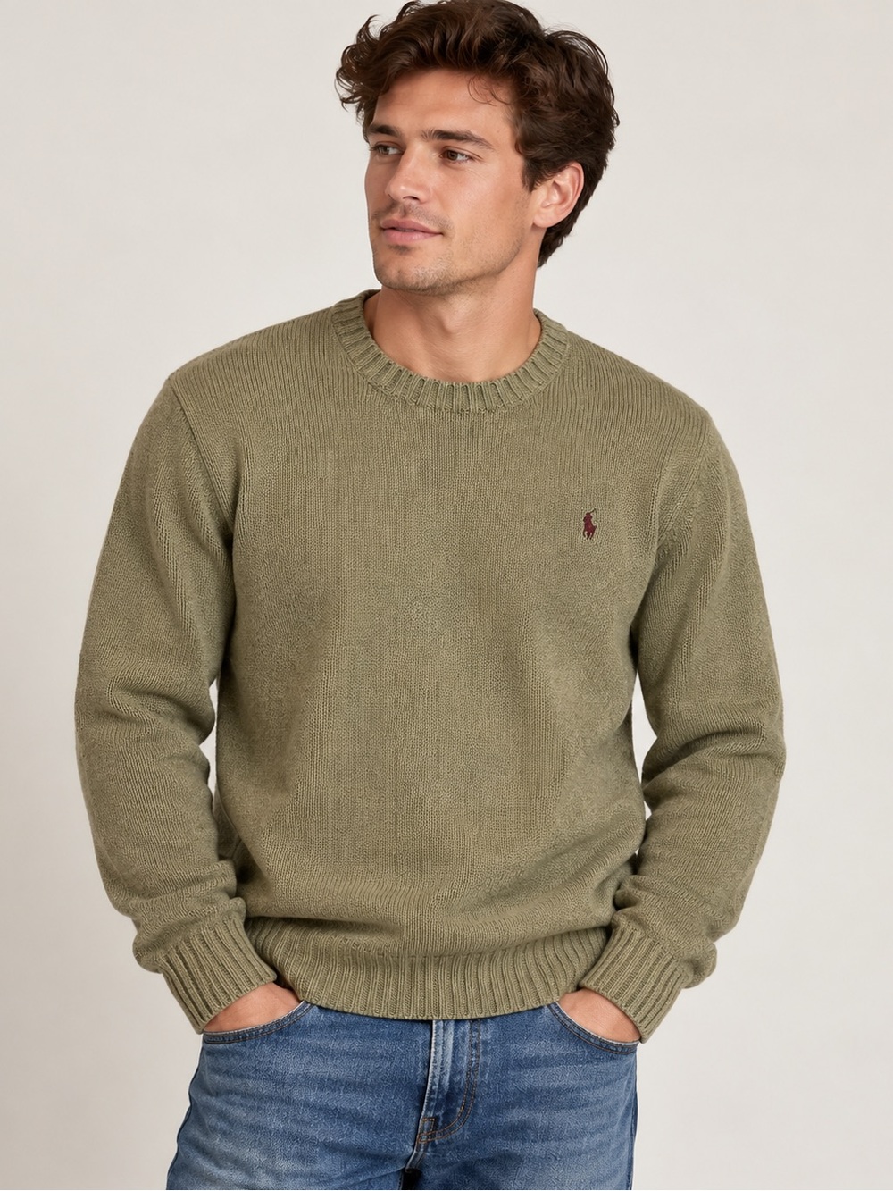 Ralph Lauren Olive Crewneck Sweater with Contrast Pony